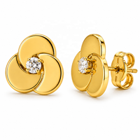 JJBRAVO Pendientes de Oro Macizo con Tres Discos y Circonitas, Diseño Geométrico Moderno y Minimalista, Engaste de Garra, Joyería Fina para Mujer, Regalo para Boda o Fiesta