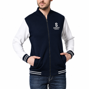 SINEWY SPORTS <b>Men's</b> Navy <b>White</b> Varsity <b>Jacket</b> Zipper Front Embroidered Logo Preppy Style Regular Fit Autumn Wear - Product Image 3