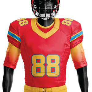 Uniforme de football américain sublimé en polyester 100% personnalisé pour hommes maillot court respirant en sergé rouge jaune - Product Image 2