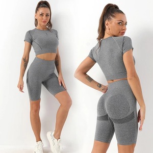 Taille haute Leggings Sportswear Fitness costume Yoga ensemble femmes vêtements d'entraînement Shorts de course à manches courtes haut court tenue de Sport - Product Image 2