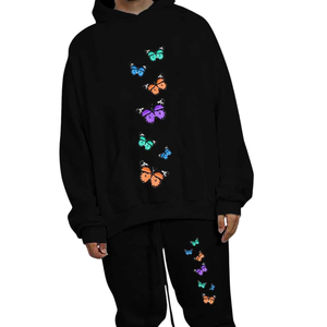 Ensemble de survêtement à capuche imprimé papillon noir pour hommes et femmes, en molleton, streetwear, jogging, tenue de sport décontractée d'hiver - Product Image 5