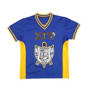Sigma Gamma Rho SGRho Greek Sorority Blue Gold Camiseta de fútbol 100% Poliéster con logotipo de equipo Bordado en la parte delantera y trasera del hombro - Product Image 1