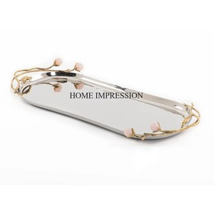 Fantaisie Unique Designer Rectangle Forme Argent Couleur Brillant Miroir Poli Plateau Avec Plaqué Or Fleurs Feuilles Designer Poignées - Product Image 5