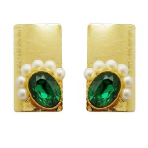 Kriaa Gold Plated Green <b>Resin</b> <b>Stone</b> Pearl Dangler Earrings Fine Cuff 1311408L - Product Image 1