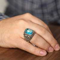 Bague rectangulaire pour homme en argent sterling 925, aquamarine bleue taille émeraude, épaissie, certifiée IGI, bijoux fins pour usage quotidien