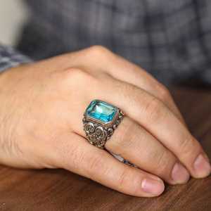 925 Sterling <b>Silver</b> Rectangular Men's <b>Ring</b> Blue Aquamarine <b>Emerald</b> Cut Turquoise IGI Certified Fine Jewelry for Everyday Wear - Product Image 1