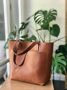 Sac fourre-tout en cuir véritable, couleur unie, style minimaliste, ouverture supérieure, sac à main pour femme, usage quotidien, toutes saisons - Product Image 3