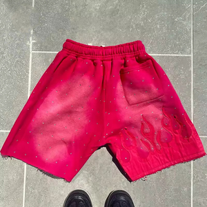 Fabricante de logotipo personalizado, ropa de calle, pantalones cortos de estilo, pantalones cortos de algodón con diamantes de imitación desteñidos al sol y serigrafía para hombre - Product Image 6