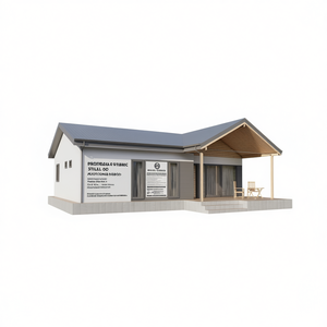 Villa moderna de una sola planta con estructura de acero, exterior blanco, con porche de madera y área de piscina. - Product Image 2