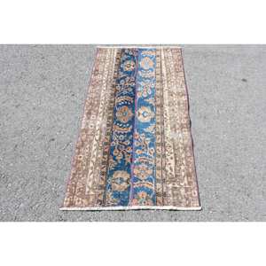 Classic <b>Blue</b> Brown 2.6x4.6ft Handmade Wool <b>Rug</b> Turkish Patchwork Design for Living Room or <b>Bedroom</b> Latex Backing for Teens - Product Image 1