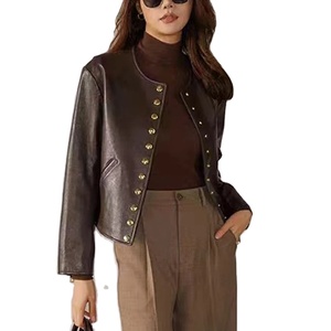 แจ็กเก็ตหนังแท้สำหรับผู้หญิงเสื้อบอมเบอร์คอกลมโค้งมนกระดุมแถวเดียวสำหรับ2025ฤดูใบไม้ร่วง/ฤดูหนาว - Product Image 1