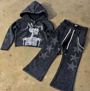 Conjunto Deportivo Personalizado para Hombre, Estilo Vintage Americano, con Remaches, Pedrería y Perlas, Ropa Urbana Esencial, Tejido Grueso, 100% Algodón Transpirable - Product Image 6