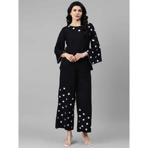 Deebaco Ensemble 2 pièces à imprimé floral noir pour femme, coupe ample, toutes saisons, haut décontracté à col rond et pantalon palazzo - Product Image 6