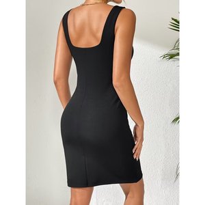 Vestido corto de mujer sin mangas con cuello cuadrado y abertura, 35005 - Negro - Product Image 4