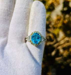 แหวนหมั้นเรียบง่ายประดับพลอยบลูโทปาซธรรมชาติและเพชรธรรมชาติ ชุบทองบนเงินแท้ 925 สำหรับเป็นของขวัญวันครบรอบ - Product Image 1