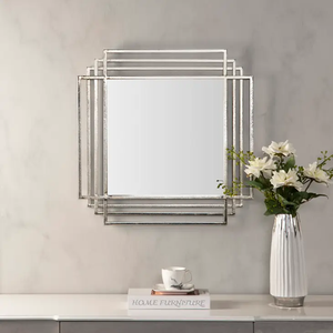 Miroir mural en métal artisanal avec cadre à motif géométrique Miroir mural en métal à finition rustique pour entrée de chambre à coucher - Product Image 4