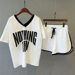 ชุดกางเกงขาสั้น2ชิ้นเสื้อยืดและกางเกงขาสั้นคอวีแขนสั้นสำหรับผู้หญิงชุด2ชิ้น2024สีพื้นแฟชั่นลำลองสำหรับฤดูร้อน - Product Image 6