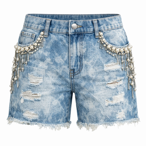 Pantalones Cortos de Mezclilla Personalizados para Hombre, Estilo Urbano Y2K, Corte Recto Regular, Casuales de Verano, con Cremalleras, Lavado Vintage, Bordados - Product Image 2