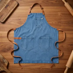 Classic Eco-Friendly Sleeveless Denim Bib <b>Apron</b> with Leather Straps and Three Pockets for <b>Cooking</b> Daily Use Machine Washable - Product Image 1