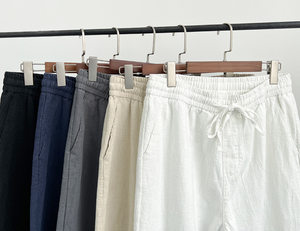 Pantalon décontracté pour homme 100% coton peigné Taille mi-haute Devant plat Coupe ample Longue Léger Respirant Teint en pièce Cordon de serrage - Product Image 1