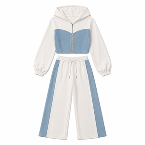 Ensemble de survêtement décontracté pour femme en 100 % polyester, deux pièces, avec sweat à capuche court à manches longues et pantalon de jogging large, style streetwear color block - Product Image 3