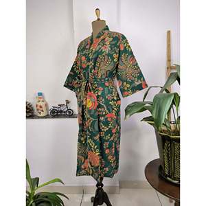 Vestido Maxi de Verano Estilo Boho Hindú, 100% Algodón, Estampado a Mano, Transpirable, Cuello en V, con Flores Verdes, Rojas y Amarillas, Tipo Kimono - Product Image 3