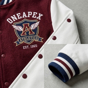 Blouson universitaire bordeaux en laine avec manches en cuir, col et poignets en tricot côtelé, fermeture à boutons-pression, logo personnalisé, streetwear, vêtement d'extérieur pour homme - Product Image 4