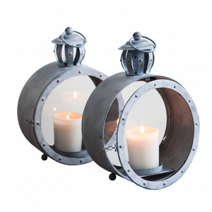 Vintage Nautical Style Round Metal and Glass <b>Hurricane</b> <b>Lanterns</b> with Handles Vintage Inspired Globe Shape Metal Candle Display - Product Image 3