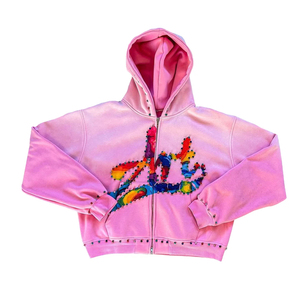 Sudadera con Capucha Personalizada de Alta Calidad, Estilo Francés, Desgastada, Holgada, Corta, con Rayas, Gruesa, con Cierre y Pedrería - Product Image 6