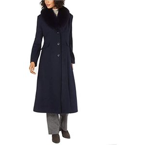 Cappotto Lungo da Donna Blu Navy Taglia 4 con Collo in Pelliccia di Volpe e Decorazioni a Bottoni, in Lana e Pelliccia Sintetica Tinta, con Chiusura a Cerniera - Product Image 1
