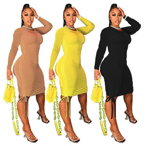Vestido Midi de Otoño para Mujer, Estilo Nuevo, Sexy, Tejido, Simple, Casual, de Manga Larga, Elástico, Color Sólido - Product Image 1