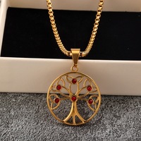 Modische Edelstahl Lebensbaum Anhänger Halskette mit Rubin, Einseitig, Unisex Schmuck, Großhandel
