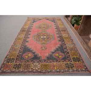 Vintage Turkish <b>Rug</b> 3.8 X 6.8ft Classic Pink Yellow Patchwork Wool Flat Weave <b>Boho</b> Jute Carpet for Living Room Latex Backed - Product Image 2