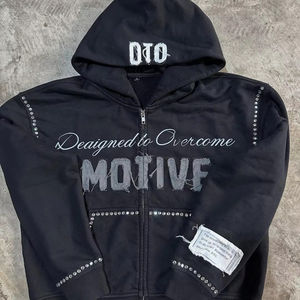 Fabricants de sweats à capuche personnalisés Streetwear Noir Rhinestone Broderie Zip up Vintage Acid Wash Heayweight recadrée sweats à capuche unisexe - Product Image 1