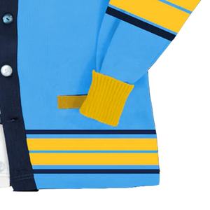 Cardigan à col en V pulls respirants Patchwork motif bleu ciel or sororités Style universitaire Ajoutez vos logos personnalisés - Product Image 6