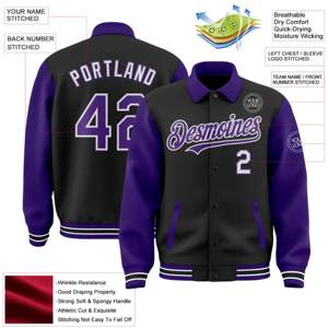 Bomber personnalisée noir violet-blanc Full-Snap Varsity Letterman deux tons col à revers veste Byron - Product Image 2