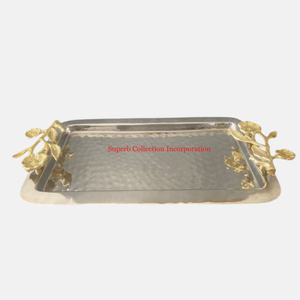 Handmade Stainless Steel Serving Tray with <b>Floral</b> Design Handle Tableware Tray for Serving Food Dessert Catering Tray - Product Image 3