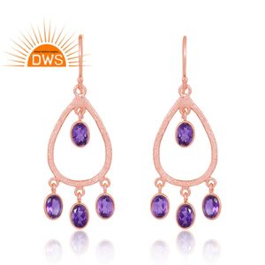 Vente chaude 925 Sterling Silver 18K Rose Or Plaqué Améthyste Gemme Dangle Boucle D'oreille Demi Fine Fabricant De Bijoux - Product Image 1