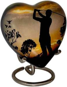Classic Heart Shape <b>Keepsake</b> Aluminium Urn for Human Ashes with <b>Box</b> and Stand Peaceful Golfer Design 7 Cms High Handmade Product - Product Image 2