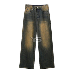 Men's Casual Straight Jeans Pant Breathable Mid Waist Solid Color <b>Denim</b> Fabric Button Decoration Dark for Summer ODM Available - Product Image 1