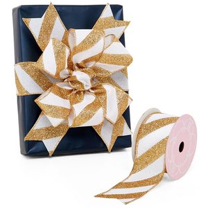 Diagonal Glitter Striped Faux Linen <b>Wired</b> <b>Ribbon</b> Floral Polyester Organza and Metallic for Wedding and Christmas Gift Wrapping - Product Image 1