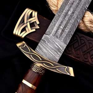 Hand Forged Damascus <b>Steel</b> Viking Sword with Carved Wooden Scabbard Medieval Norse Style Warrior Blade Wholesale Prices OEM - Product Image 3