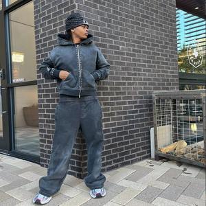 Conjunto personalizado de sudadera con cremallera de diamantes de imitación y pantalones de chándal de invierno para hombre con lavado ácido y ropa de calle 2025 - Product Image 5