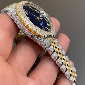 Montre de luxe bicolore en acier inoxydable sertie de moissanite avec cadran bleu, bijoux hip-hop, bracelet 20 mm, brillance VVS antique - Product Image 2