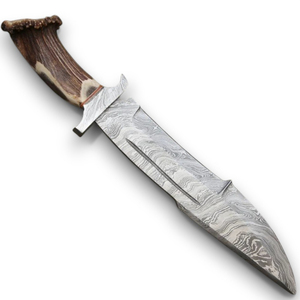 Couteau de chasse Bowie à pointe tombante en acier Damas fait main, personnalisé, vente en gros OEM, manche en bois exotique vert, embout en laiton, étui en cuir - Product Image 1