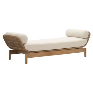 Lit de repos d'extérieur Mariem en teck avec corde tressée et coussin blanc - Product Image 1