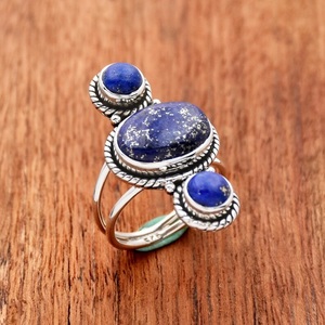 Natural Lapis <b>Ring</b> 925 Sterling Silver Oval Gemstone Bezel Setting Bohemia Christian Double Band <b>Statement</b> Jewelry Gift for - Product Image 1