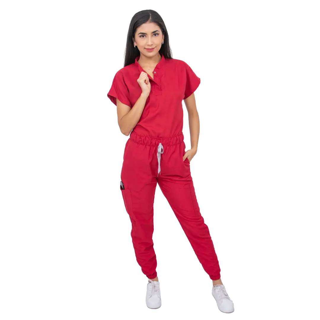 Set Scrub merah Joger bedah wanita, atasan leher Mao lengan pendek dan celana jogging (Kustom)