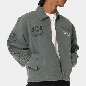 Vêtement de rue décontracté en denim vintage surdimensionné à fermeture éclair intégrale, ourlet brut, broderie personnalisée, lavage écologique - Product Image 1