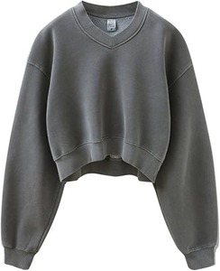 Acid Wash Winter Athletic Sweat à capuche pour femme Heritage Fleece Col en V Manches longues Y2K Crop 100% Coton - Product Image 4
